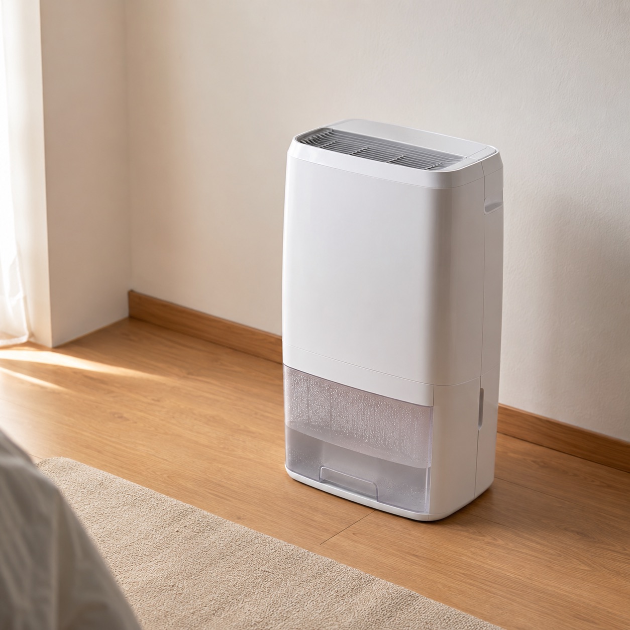 木の床に置かれた除湿機。自然光の差し込む部屋で稼働中の様子