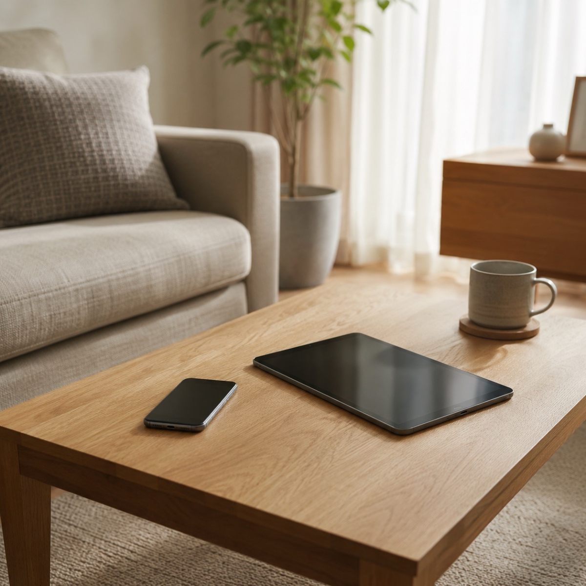 リビングのローテーブルに置かれたタブレットとスマートフォン