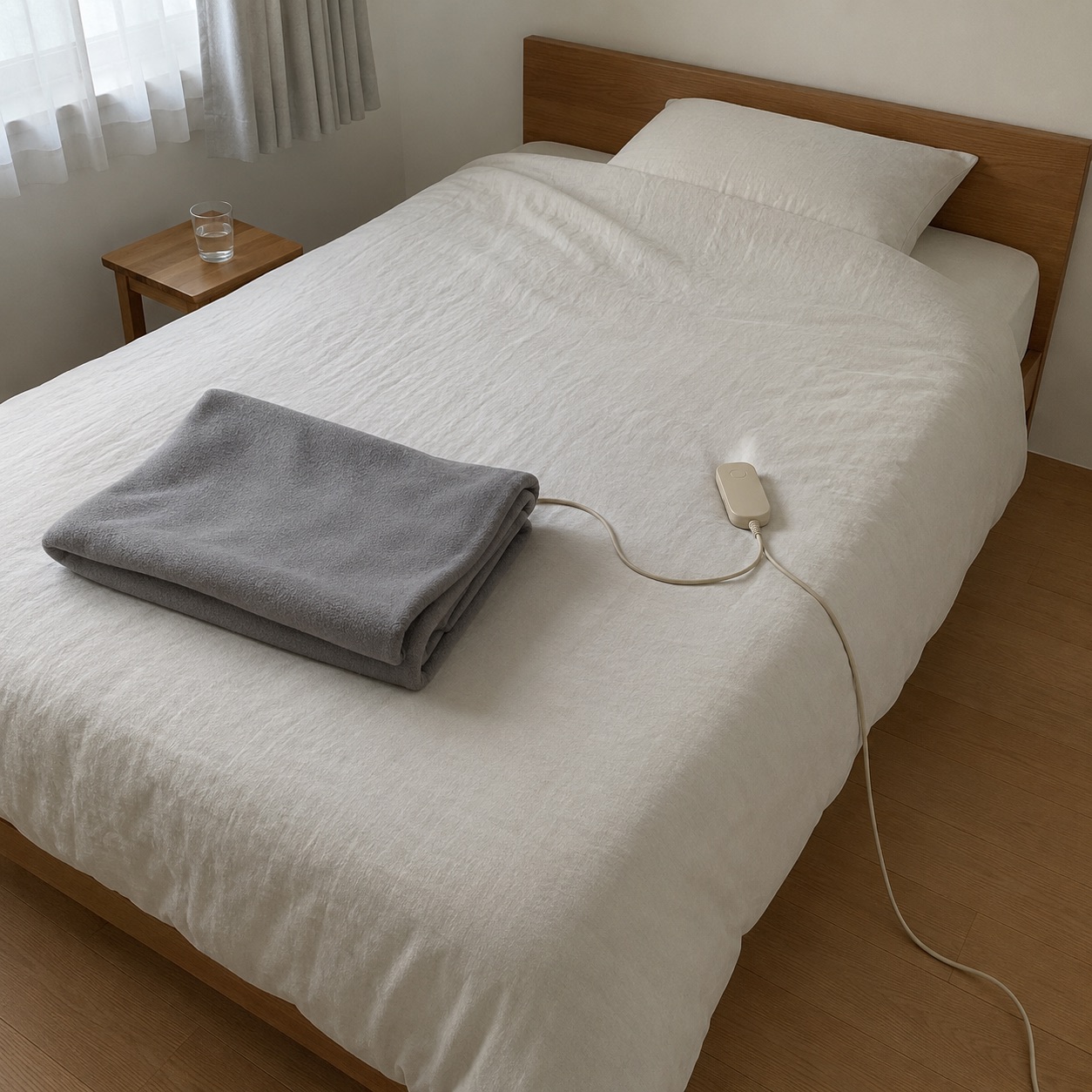 寝室のベッドに置かれた電気毛布とコントローラー。掛け・敷き・着るのタイプ選び