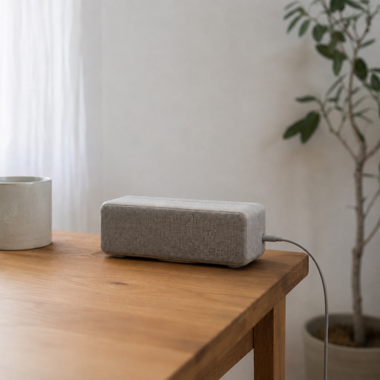 窓際のサイドテーブルに置かれた小型Bluetoothスピーカーと、挿したままのUSB-Cケーブル
